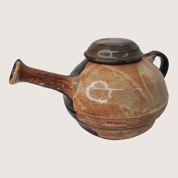 Handmade Studio Art Pottery Teapot Stoneware Glazed Signed Long Handle Brown 9" - Picture 7 of 16